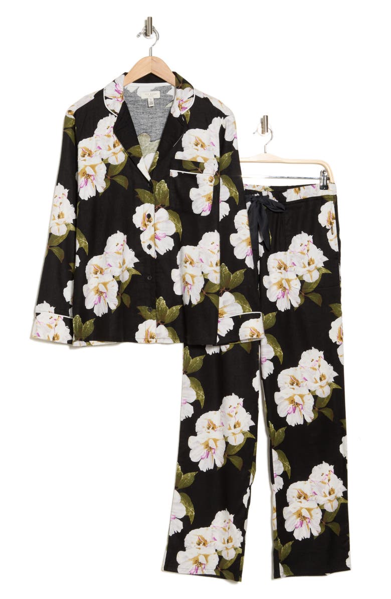 Ted Baker London Flannel Long Pajamas, Alternate, color, Gardenia Black