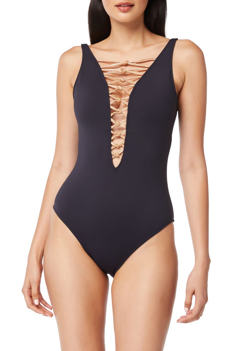 Let's Get Knotty Lace Down One-Piece Swimsuit, Main, color, BLACK