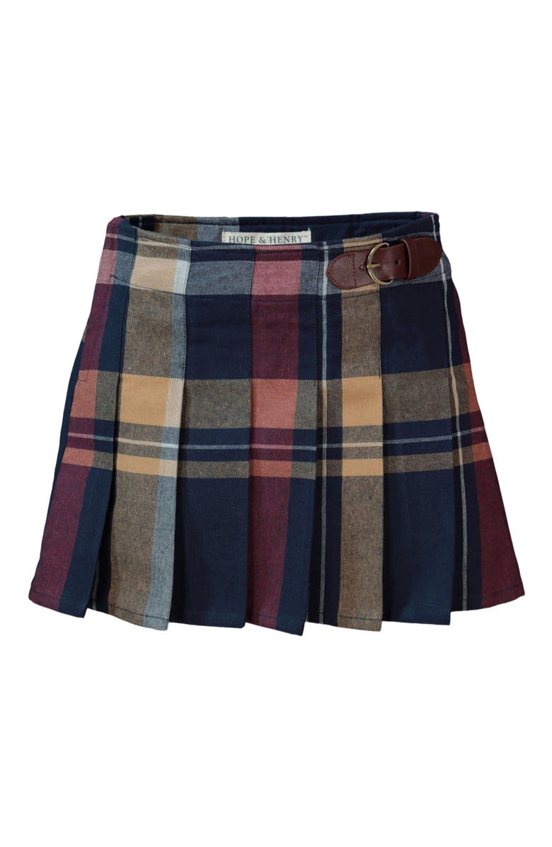 Hope & Henry Baby Girls' Organic Pleated Buckle Skirt, Infant, Main, color, Navy Multi Plaid