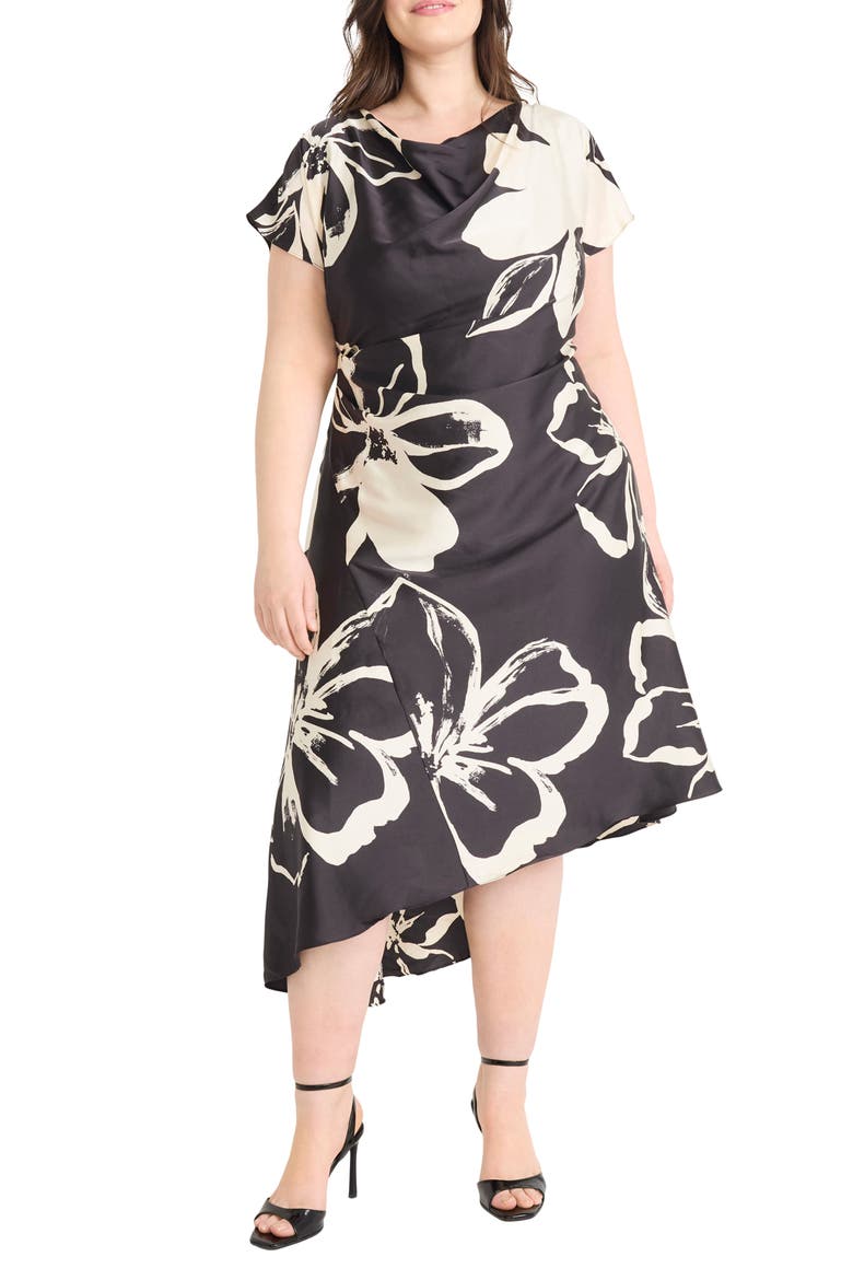 Floral Short Sleeve Asymmetric Hem Midi Dress, Main, color, BLACK/ CREAM