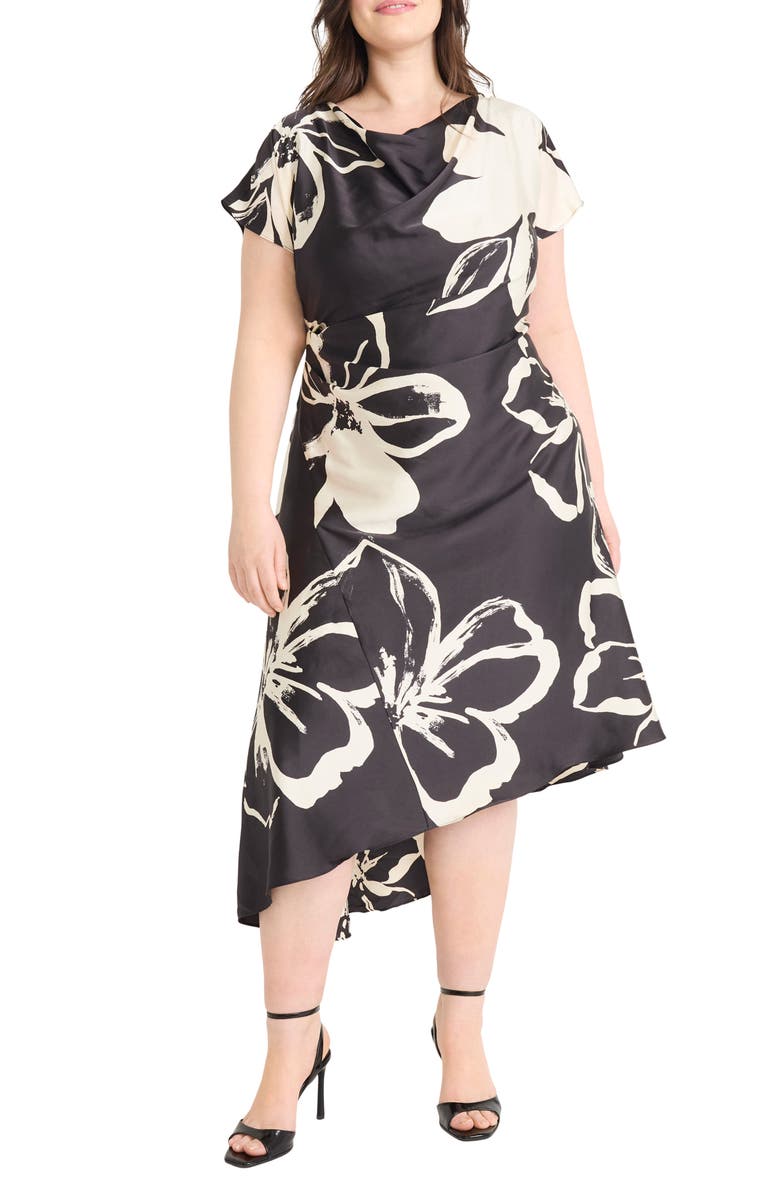 Maggy London Floral Short Sleeve Asymmetric Hem Midi Dress, Main, color, Black/ Cream