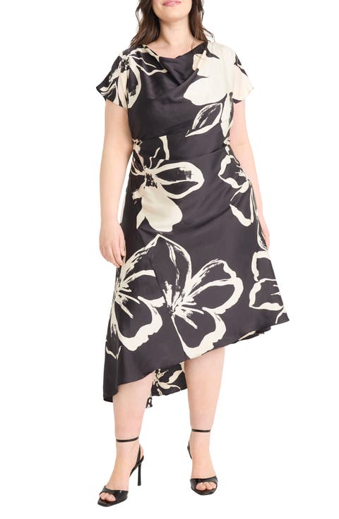 Floral Short Sleeve Asymmetric Hem Midi Dress (Plus)