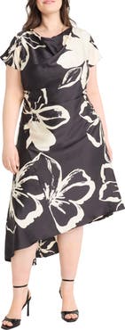 Maggy London Floral Short Sleeve Asymmetric Hem Midi Dress