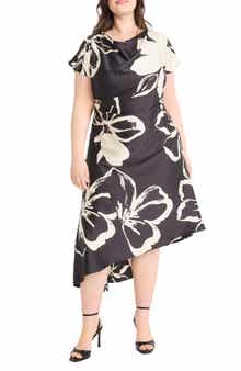 Maggy London Floral Short Sleeve Asymmetric Hem Midi Dress