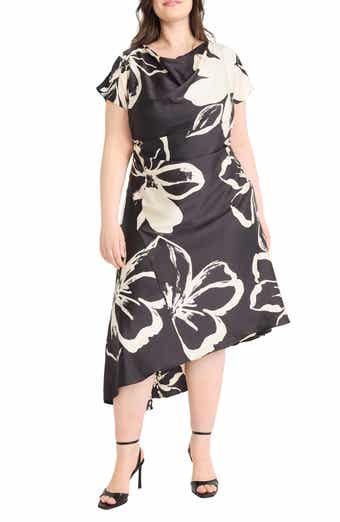 Maggy London Floral Short Sleeve Asymmetric Hem Midi Dress