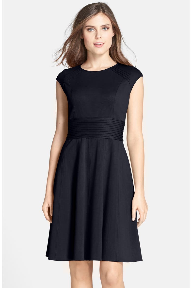 Pintucked Waist Seamed Ponte Knit Fit & Flare Dress, Main, color, NAVY