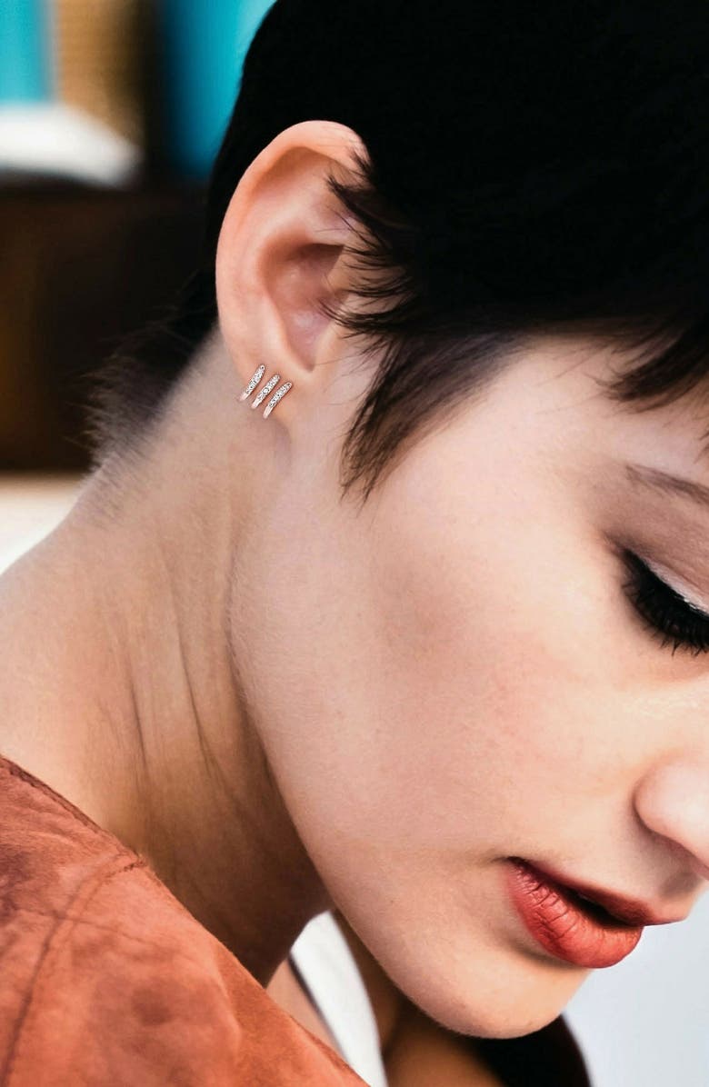 DELMAR Lab-Created White Sapphire Huggie Hoop Earrings, Alternate, color,