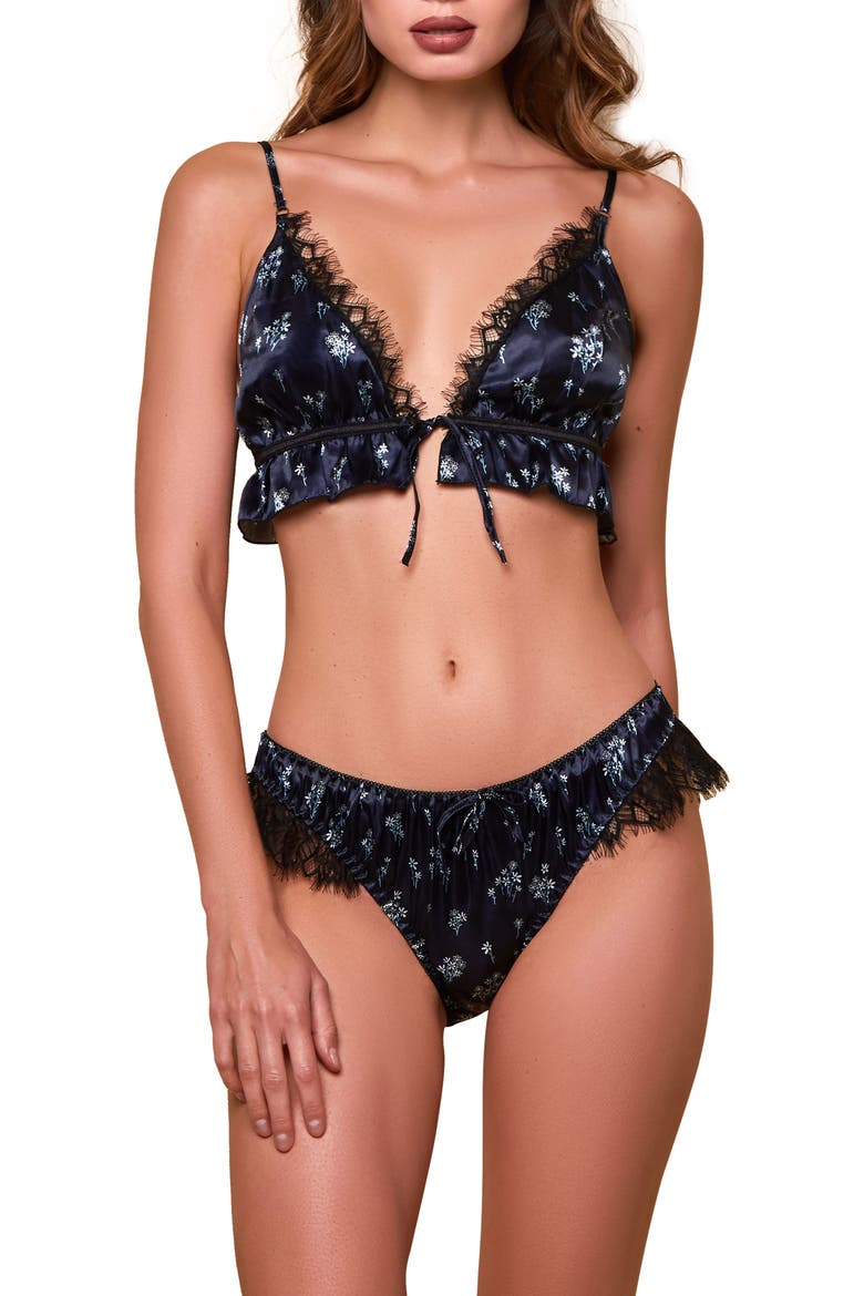 Floral Print Satin Tie Front Bralette & Panties, Main, color, NAVY-BLUE