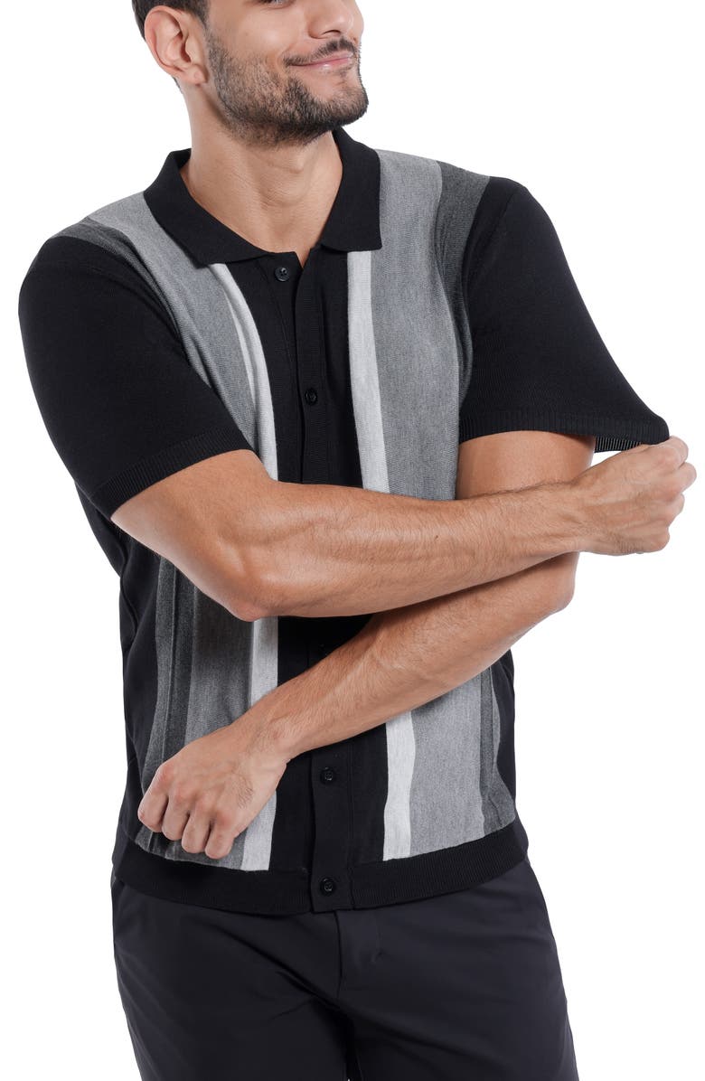 Spring + Mercer Stripe Short Sleeve Button-Up Polo Sweater, Alternate, color, Black/ Grey