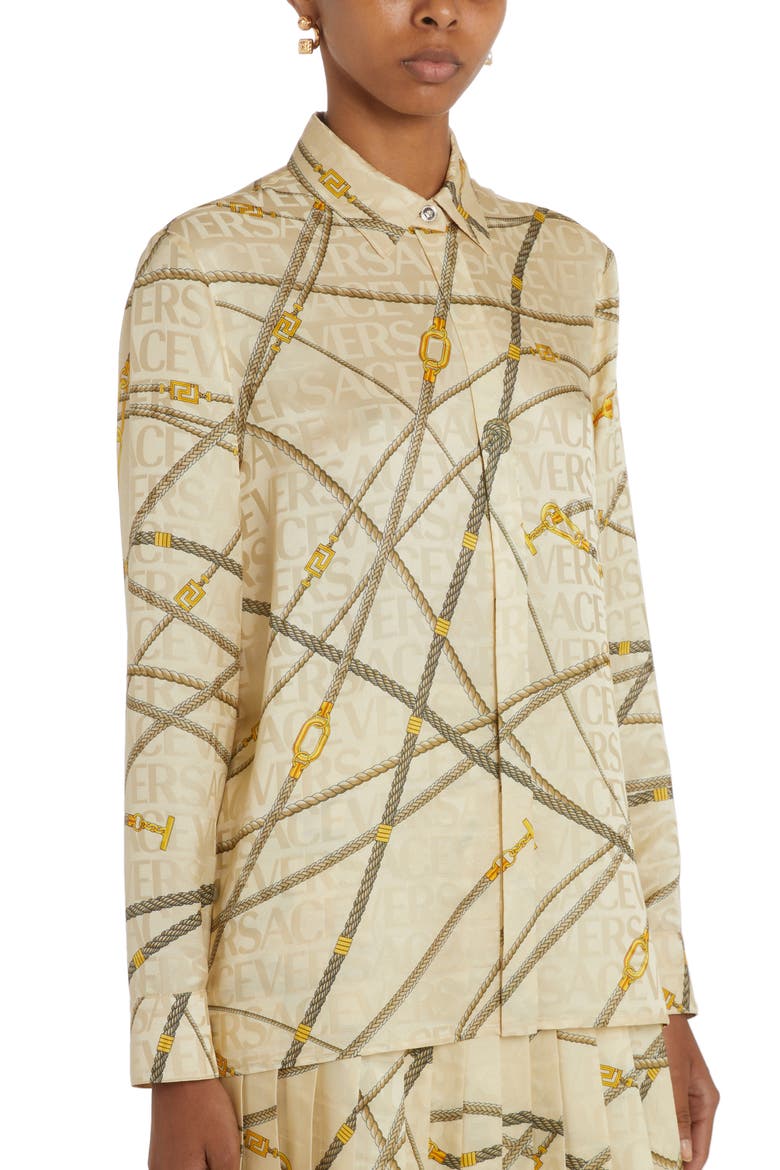 Rope Logo Print Satin Button-Up Shirt, Alternate, color, SAND/ GOLD