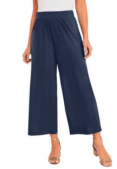Jessica London Everyday Stretch Knit Wide Leg Crop Pant In Blue