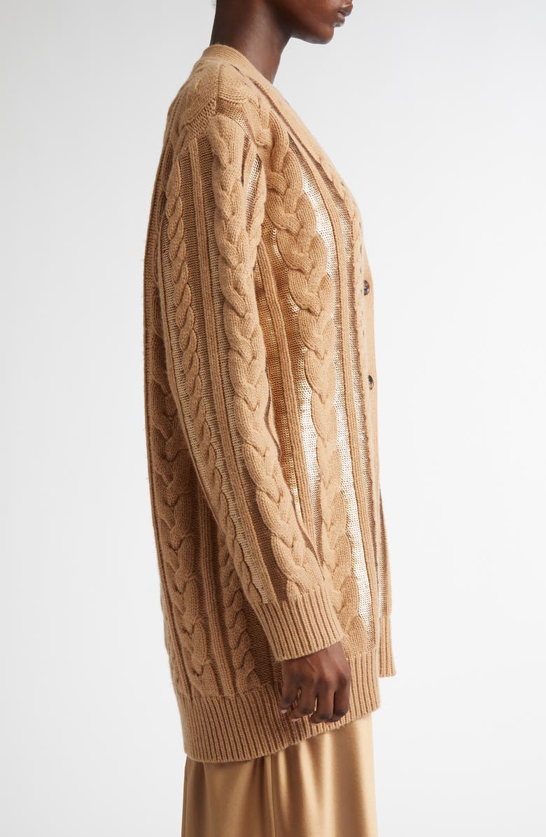 Max Mara Sequin Cable Stitch Wool & Cashmere Cardigan, Alternate, color, Camel