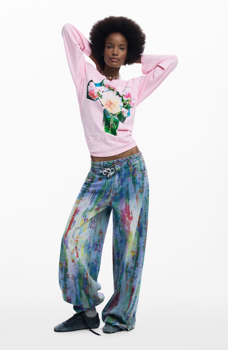 Desigual Floral Long Sleeve Cotton Graphic T-Shirt, Alternate, color, Pink