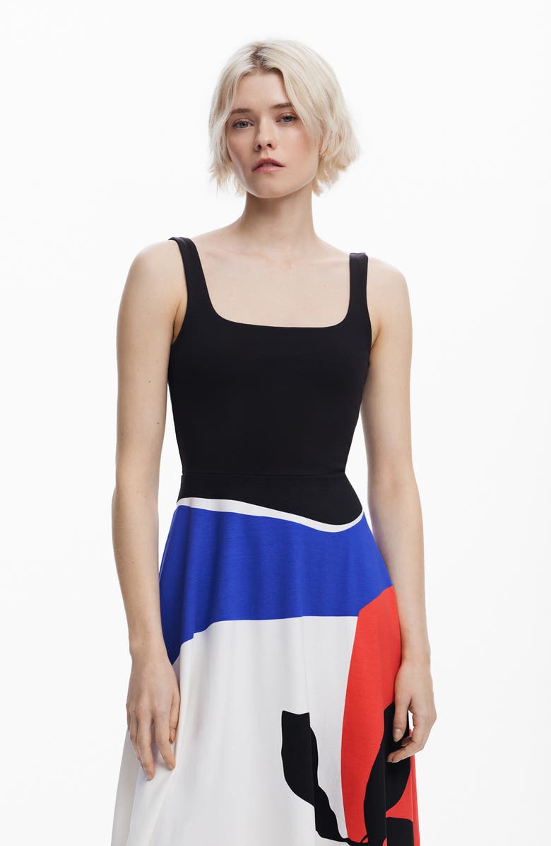 Desigual Colorblock Print Fit & Flare Midi Dress, Alternate, color, Black