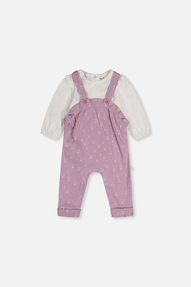 Organic Cotton Puffy Sleeve Romper and Adjustable Overall Set, Main, color, Purple Floral Print