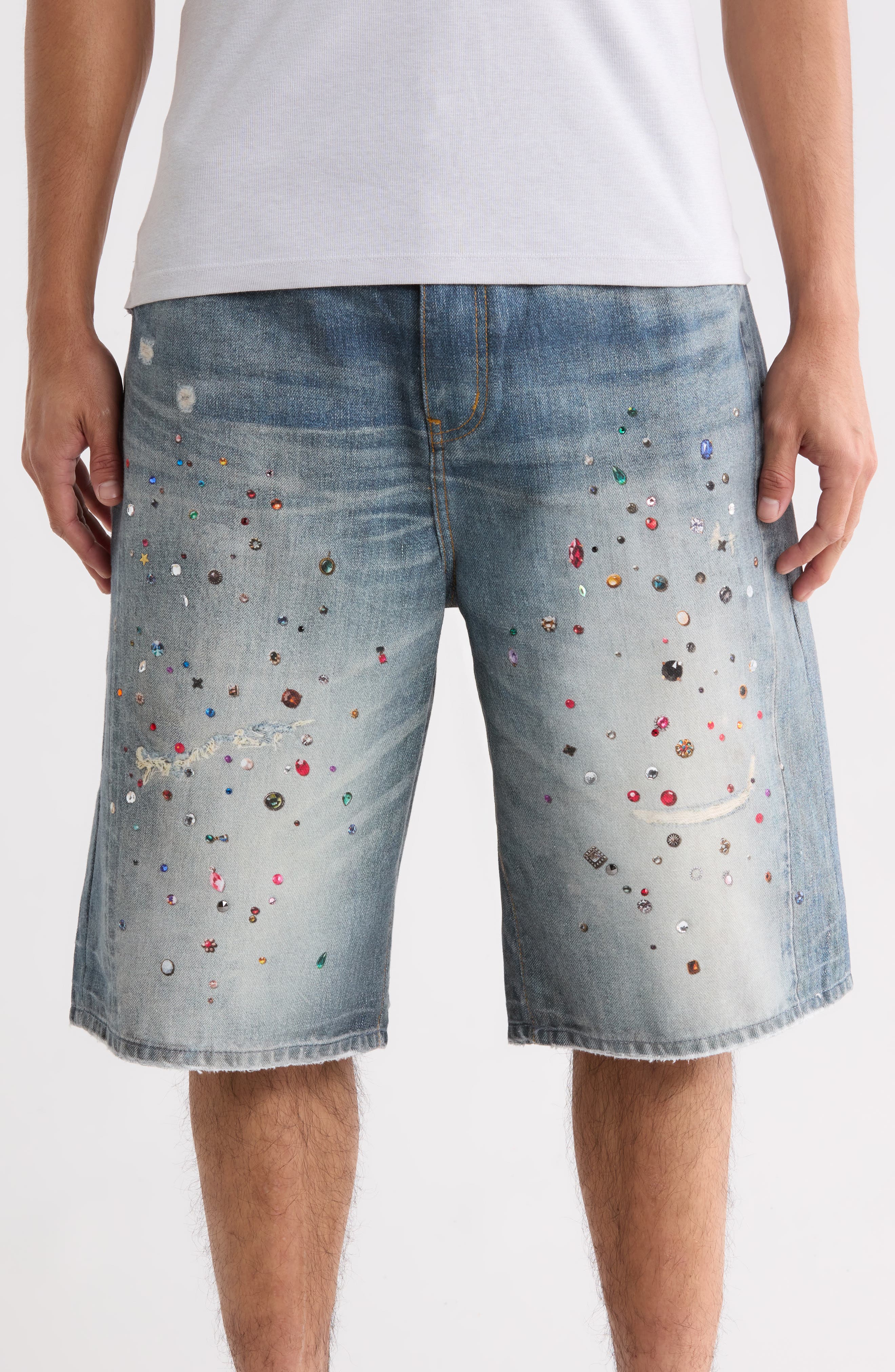 Cyanine Jewel Embellished Long Denim Shorts