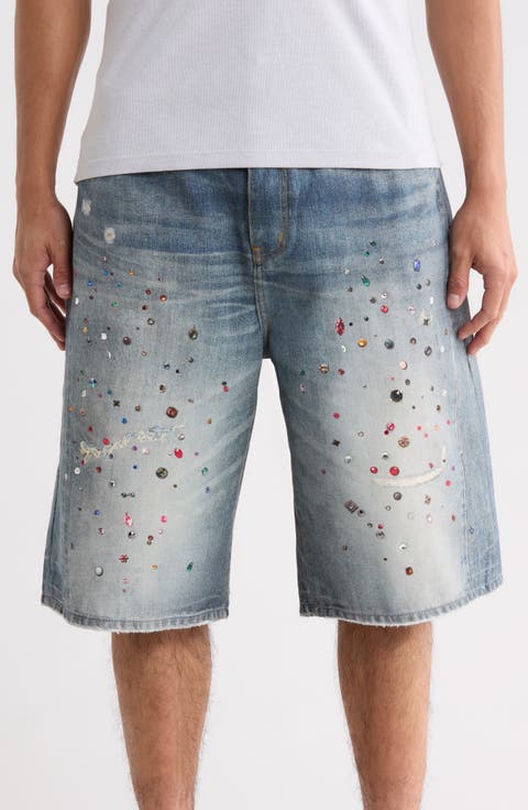 Cyanine Jewel Embellished Long Denim Shorts