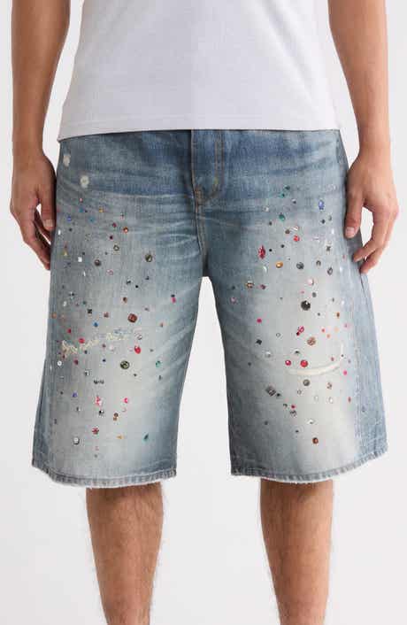 Cyanine Jewel Embellished Long Denim Shorts