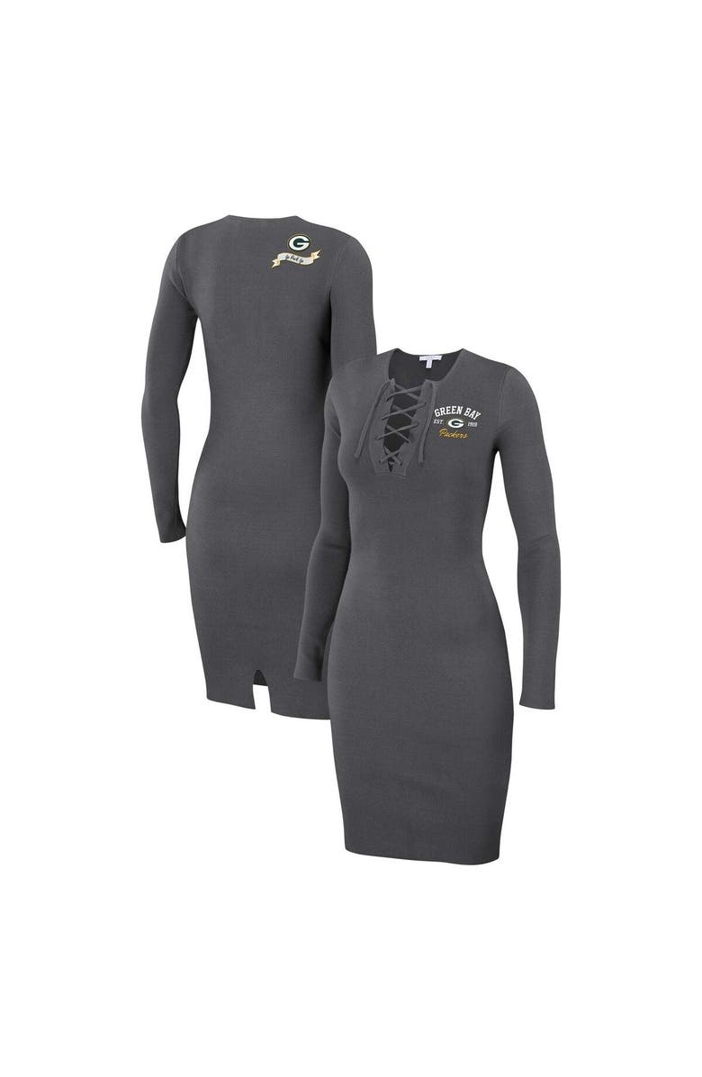 WEAR by Erin Andrews Women's WEAR by Erin Andrews Charcoal Green Bay Packers Lace Up Long Sleeve Dress, Main, color, Charcoal