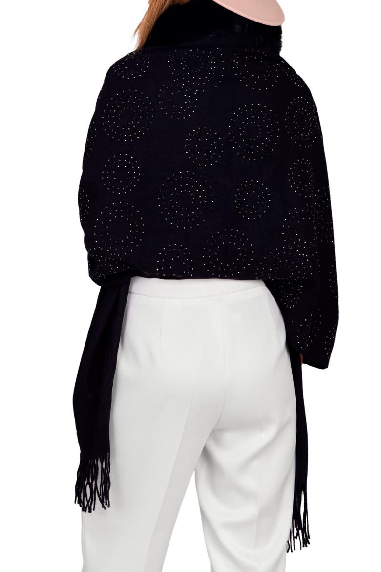 Rhinestone Ruana with Faux Fur Trim, Alternate, color, BLACK