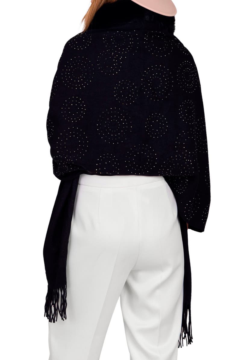 SAACHI Rhinestone Ruana with Faux Fur Trim, Alternate, color, Black