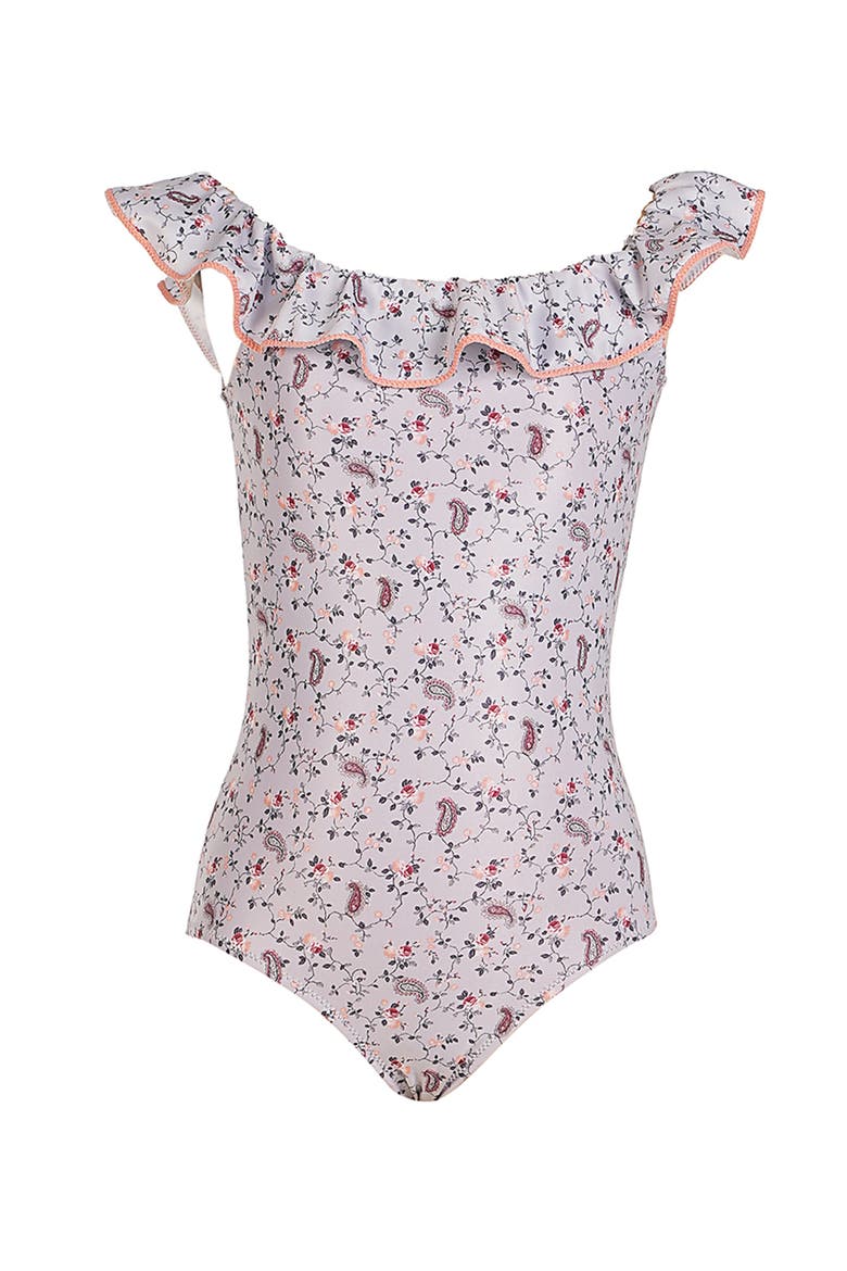 Off-Shoulder Lavender Blossom One-Piece Swimsuit, Main, color, Grey