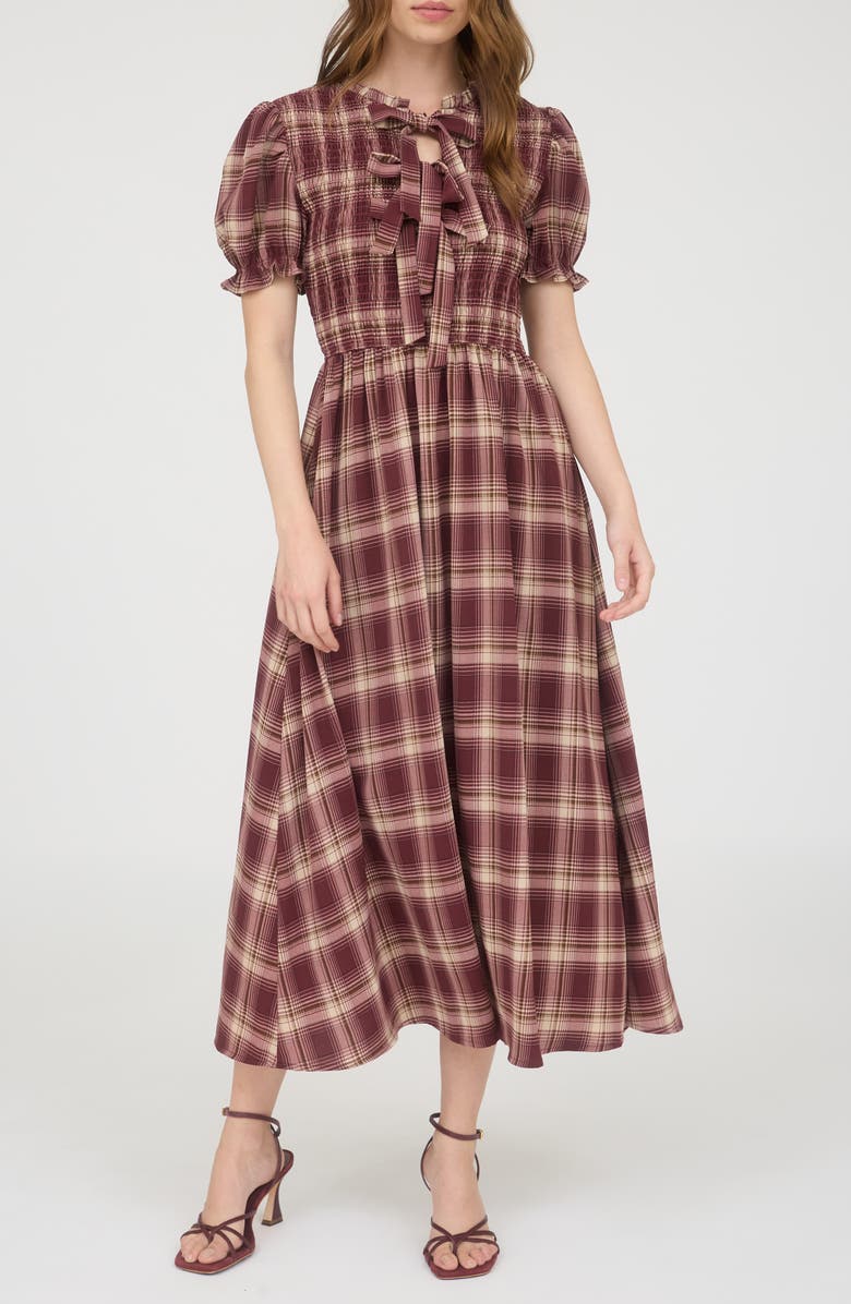 AUGUST SKY Plaid Tie Front Midi Dress, Main, color, Burgundy Multi