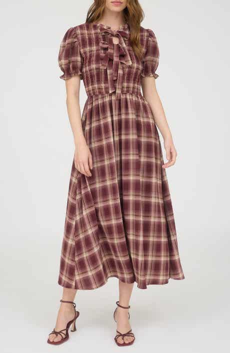 AUGUST SKY Plaid Tie Front Midi Dress