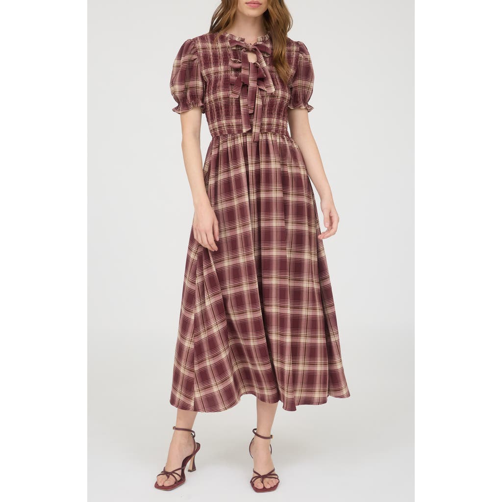 August Sky Plaid Tie Front Midi Dress In Red