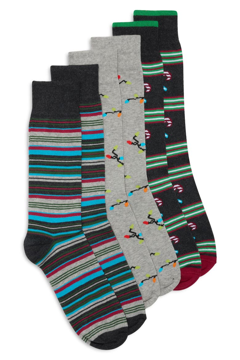 3-Pack Stripe Ornaments Dress Socks, Main, color, CHARCOAL