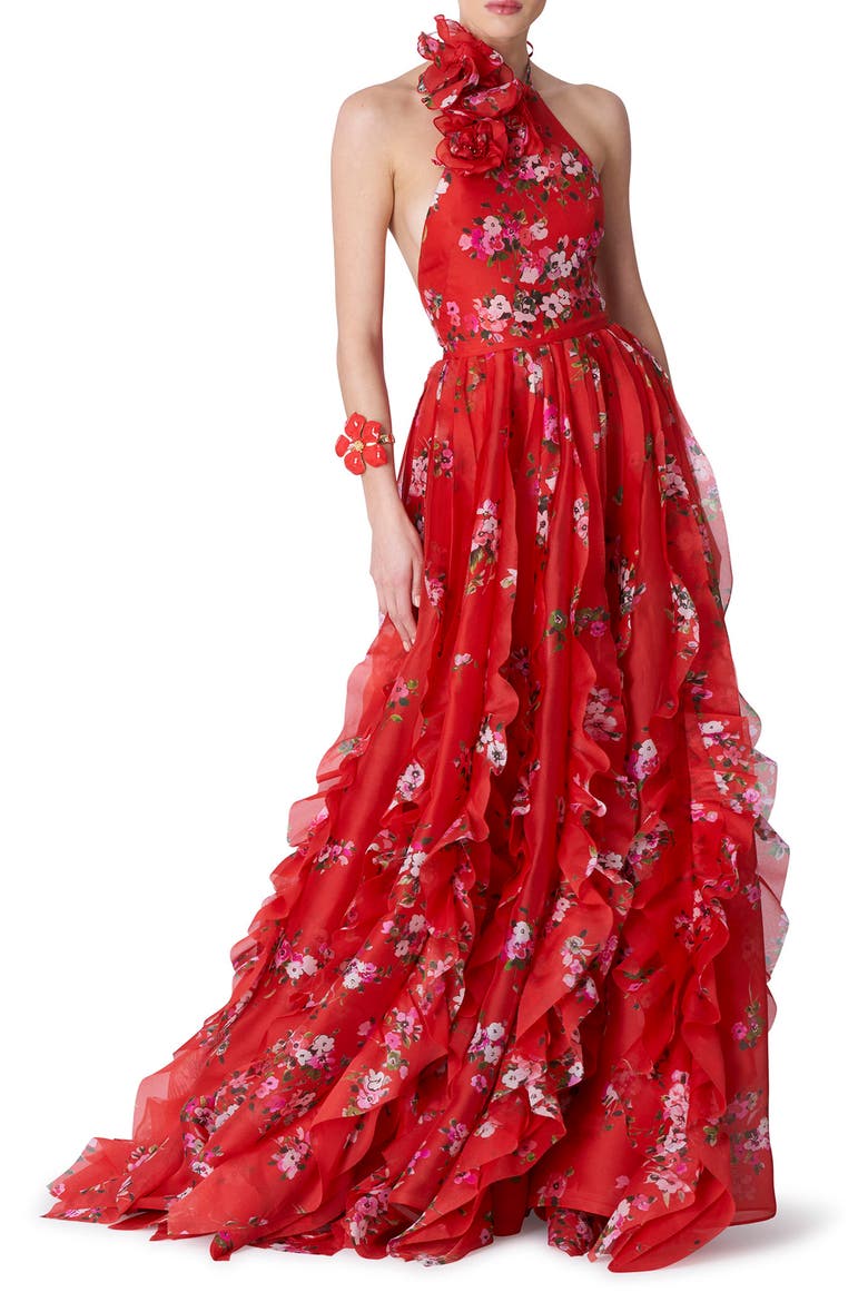 Pleated Halter Neck Floral Print Handkerchief Hem Silk Gown, Main, color, POPPY-MULTI