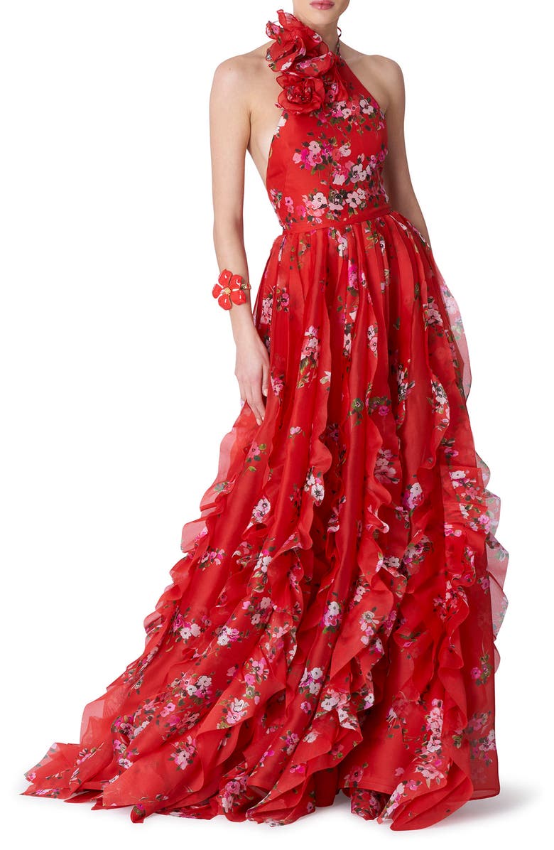 Carolina Herrera Pleated Halter Neck Floral Print Handkerchief Hem Silk Gown, Main, color, 