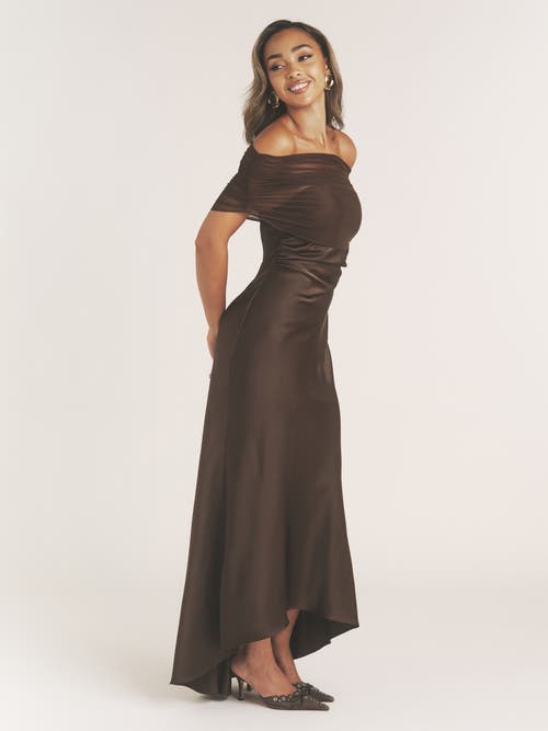 Six Stories Bardot Detail Satin Midaxi Dress In Brown