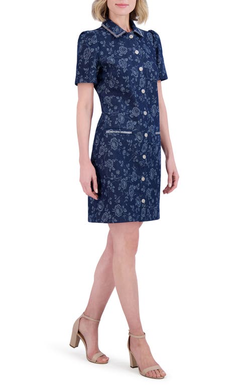 ELIZA J ELIZA J FLORAL JACQUARD BEAD DETAIL DENIM SHIRTDRESS