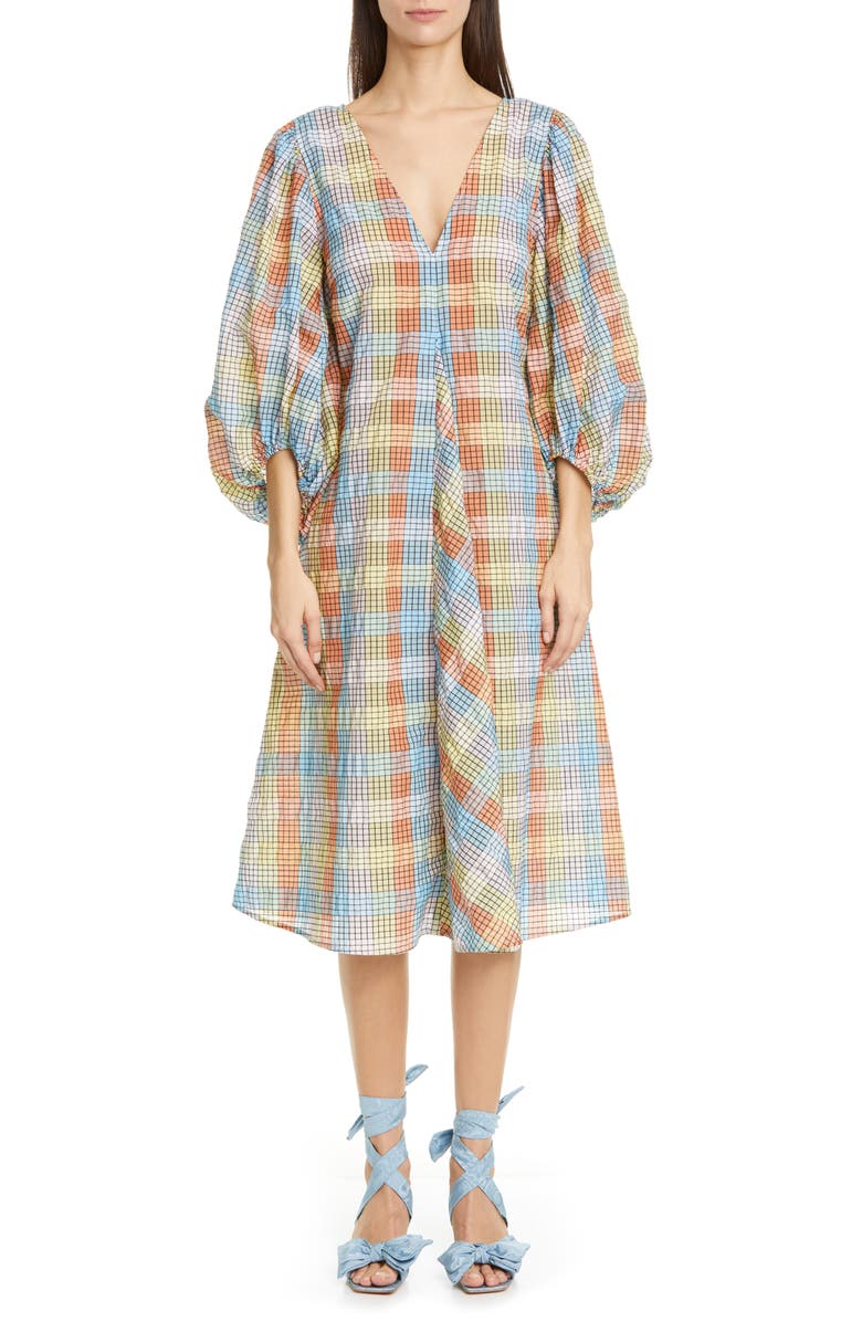 Ganni Plaid Balloon Sleeve Midi Dress, Main, color, 