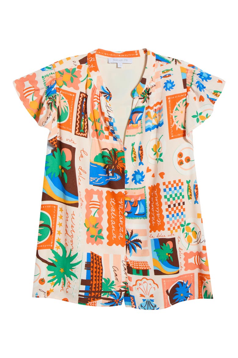 Palm Ruffle Split Neck Blouse, Alternate, color, CORAL-MULTI