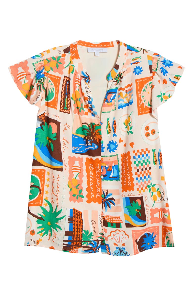 SUGARLIPS Palm Ruffle Split Neck Blouse, Alternate, color, Coral-Multi