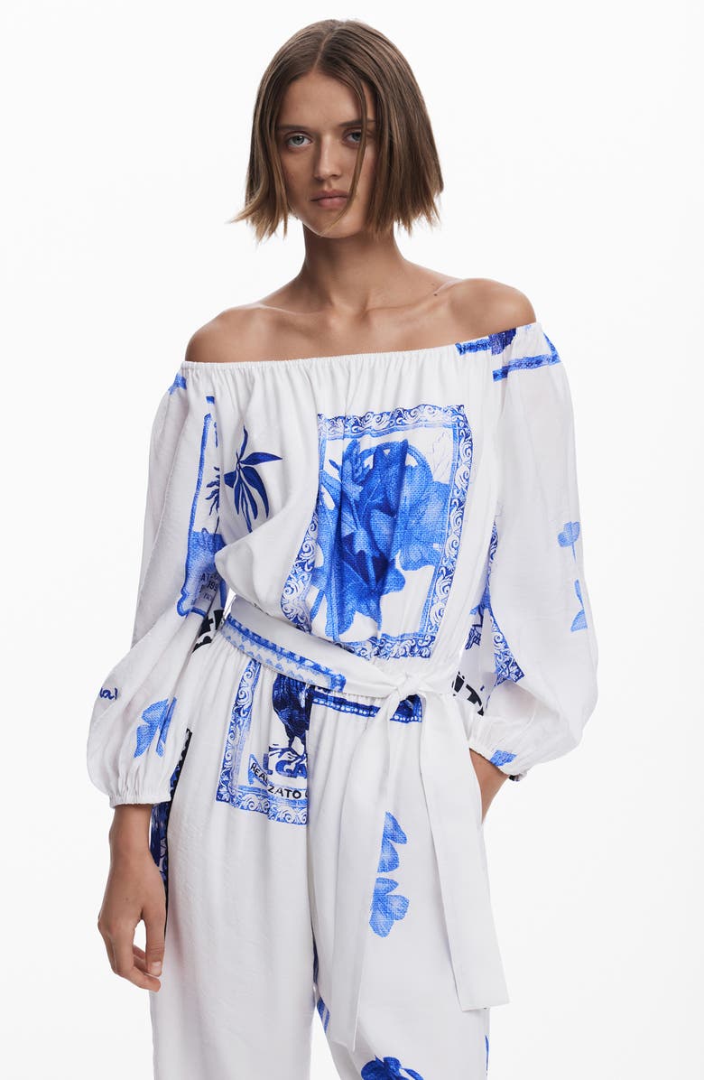 Desigual Placed Print Off the Shoulder Long Sleeve Jumpsuit, Alternate, color, 