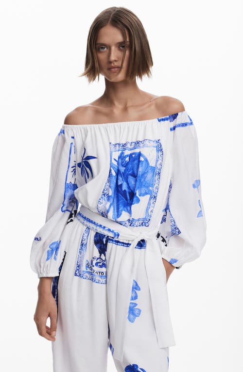 Desigual Placed Print Off The Shoulder Long Sleeve Jumpsuit In White