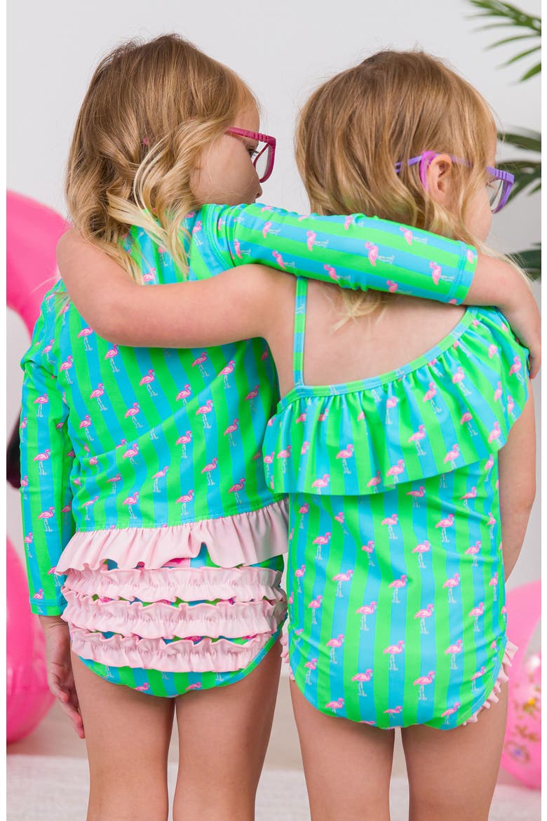 Kids' Neon Flamingo Stripe One-Shoulder One-Piece Swimsuit, Alternate, color, GREEN