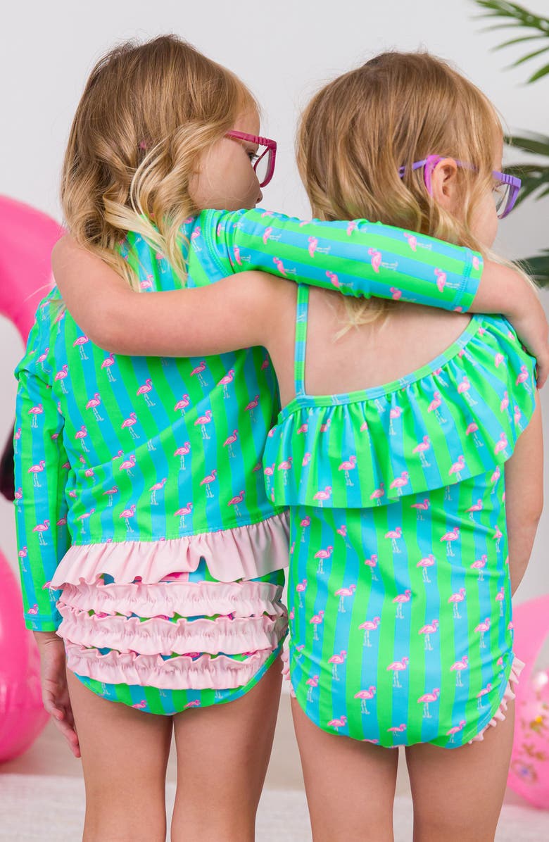 RuffleButts Kids' Neon Flamingo Stripe One-Shoulder One-Piece Swimsuit, Alternate, color, Green