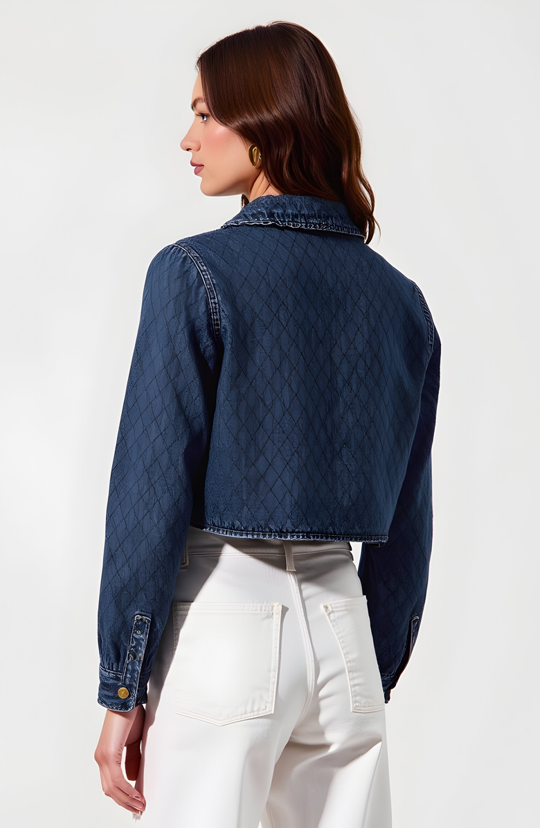Modenaire Quilted Cropped Denim Jacket with Front Tie Closure and Patch Pockets, Alternate, color,
