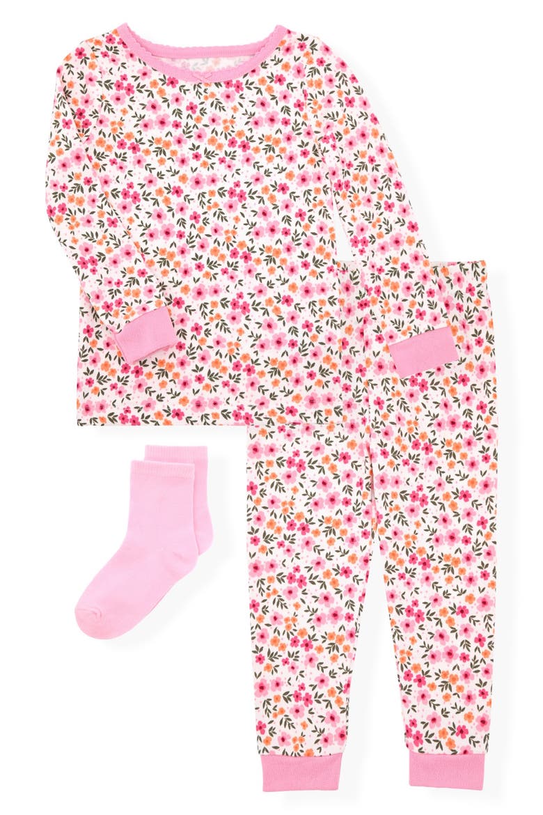 Print Fitted Two-Piece Pajamas & Socks Set, Main, color, PINK