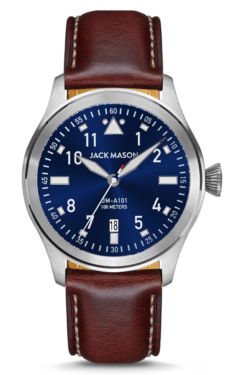 Jack Mason Aviation Leather Strap Watch, 42mm, Main, color,