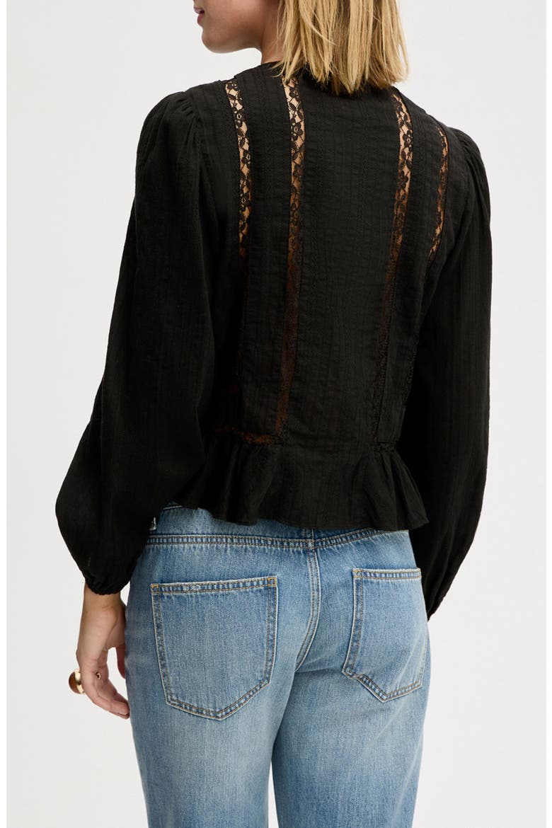 Lace Inset Ruffle Cotton Button-Up Shirt, Alternate, color, TRUE BLACK