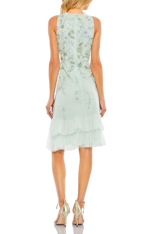 Mac Duggal Floral Embellished Ruffle Tiered High Neck Dress In Blue