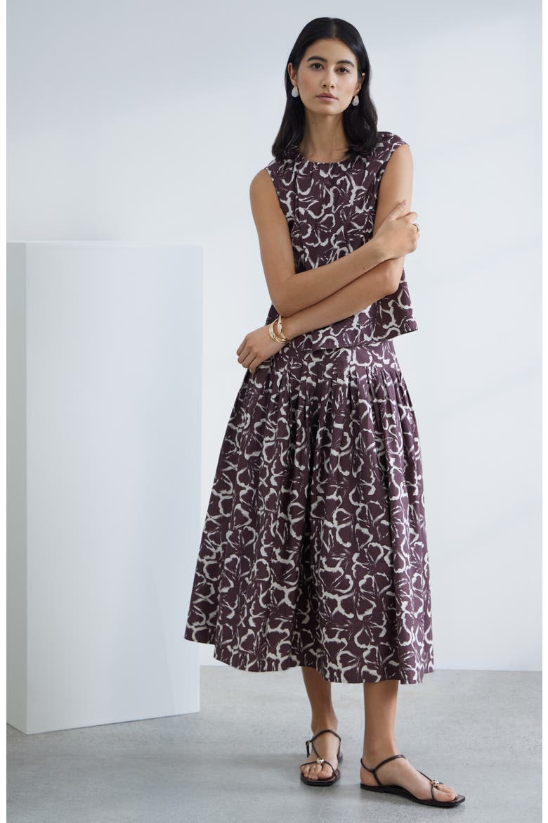 Pleated Cotton Poplin Skirt, Alternate, color, BROWN FLOATING GINKO