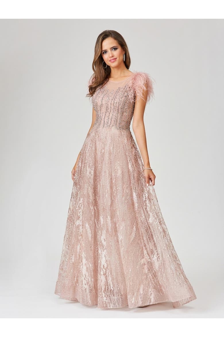 Lace ballgown with Feather Cap Sleeves, Alternate, color, Blush