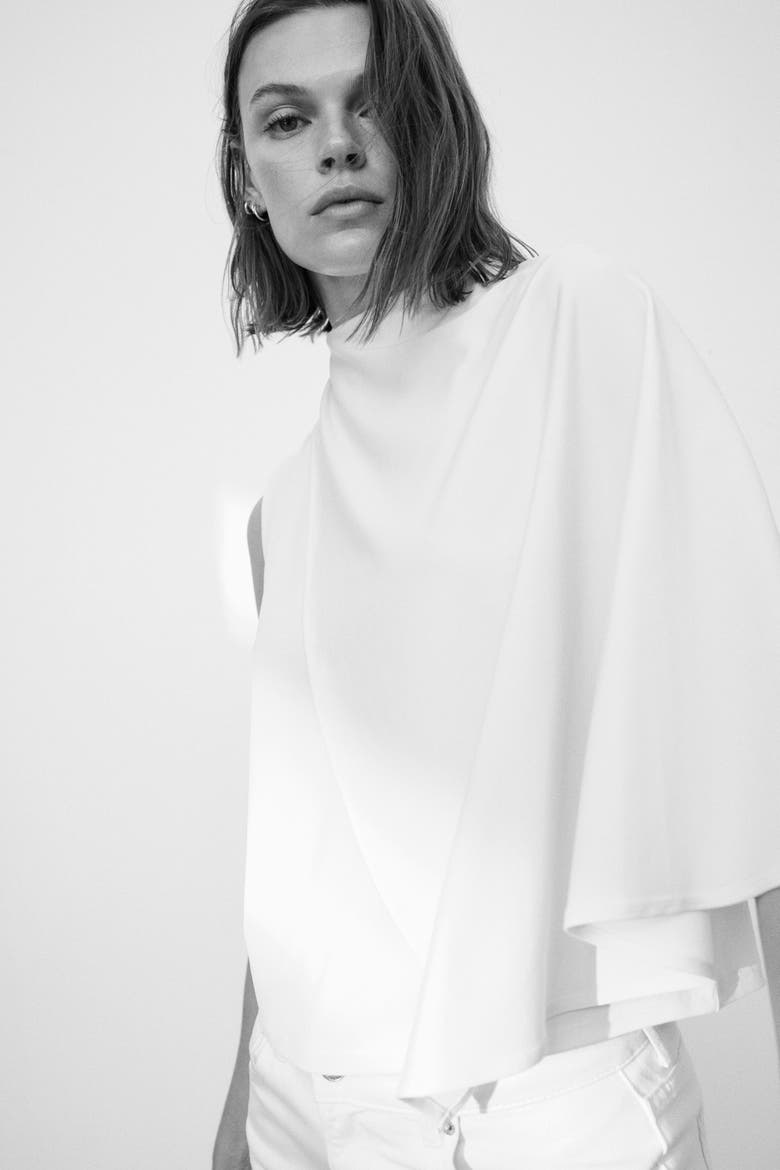 Cape-Detail Crêpe Top, Alternate, color, Cream