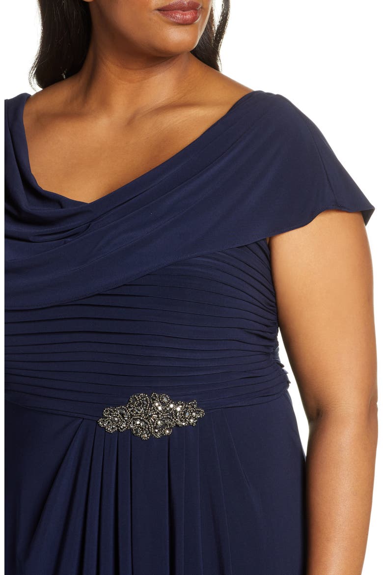 Cowl Neck Beaded Waist Gown, Alternate, color, NAVY